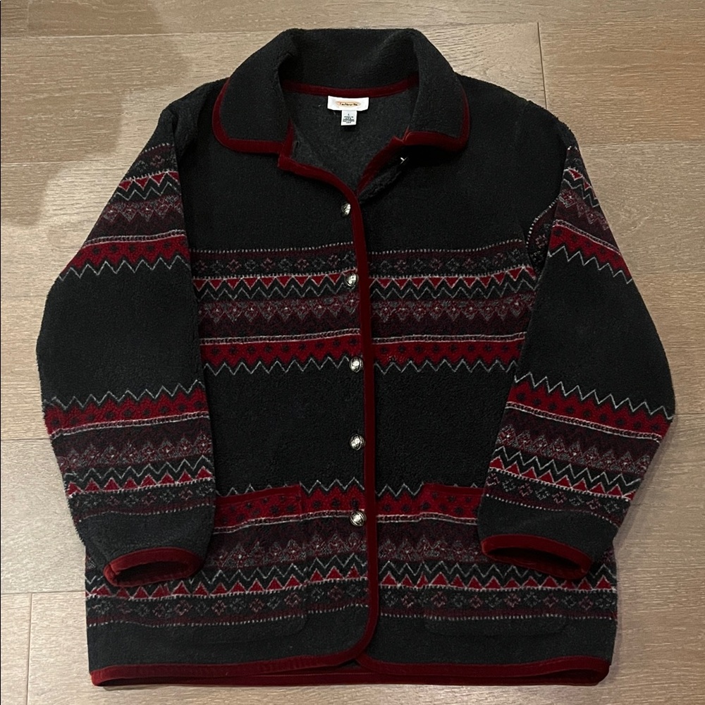 Talbots Vintage Nordic Print Fleece Button Cardigan size large